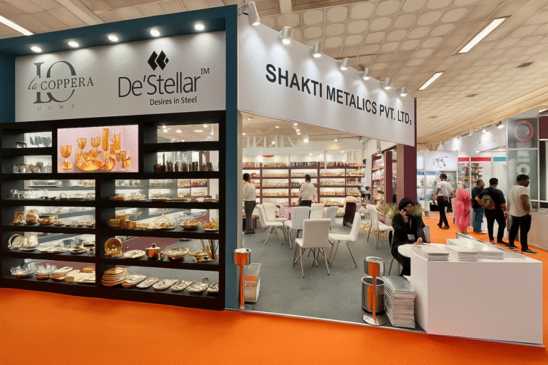 De’Stellar stall by Shakti Metallics Pvt. Ltd. at Aahar Expo 2026 showcasing handcrafted stainless-steel tableware for the HoReCa industry.