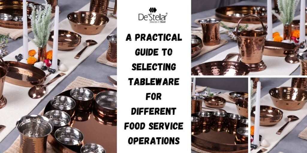 Stainless steel tableware arranged for different food service operations